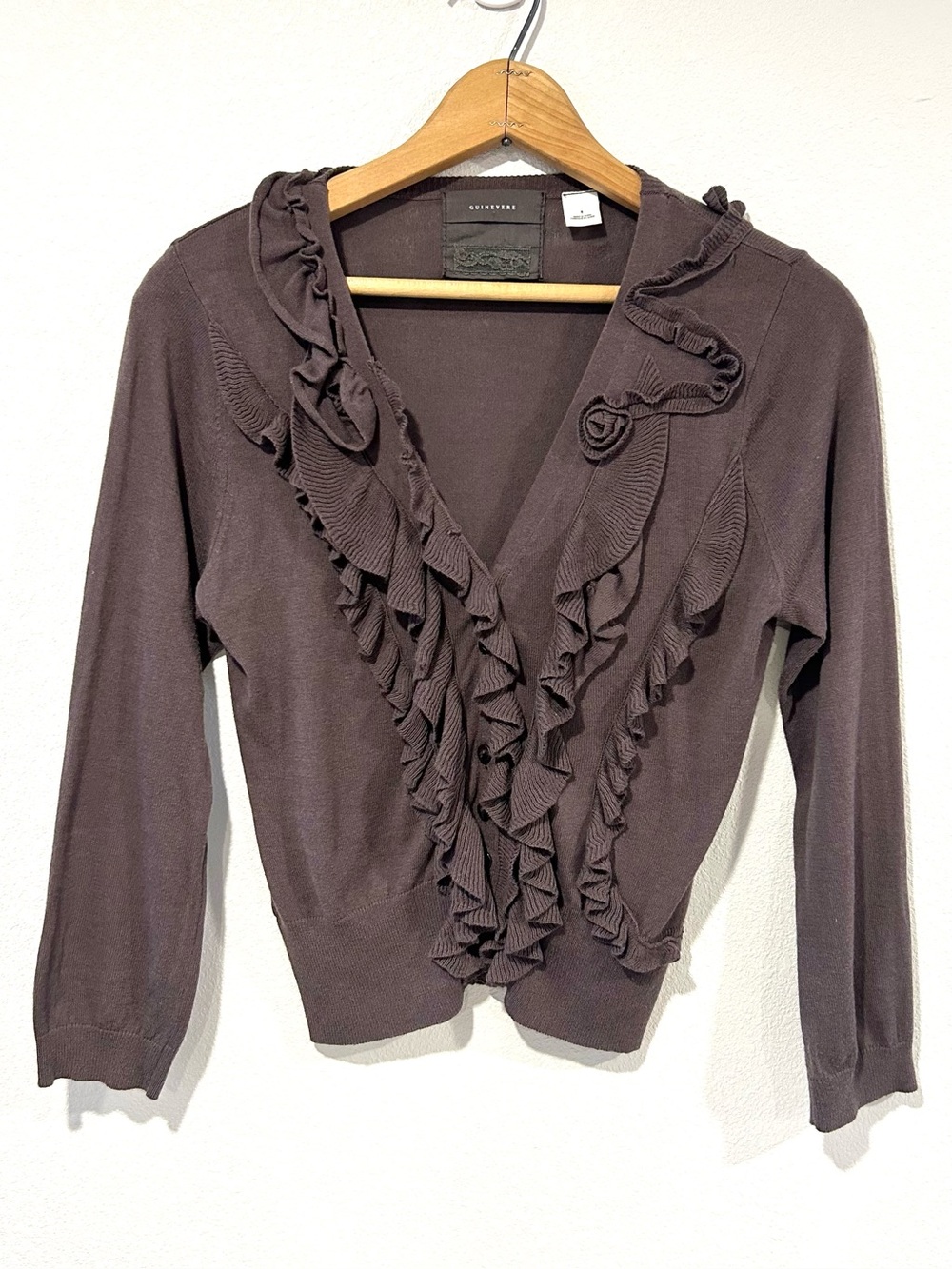 Anthropologie Guinevere Roaming Frills Taupe Knit Cardigan Cotton Retro Size S